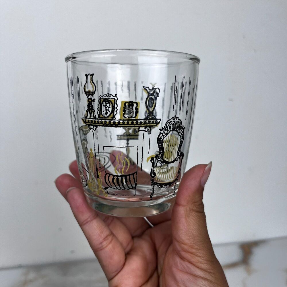 Vintage Glass Cup 6 oz Cozy Parlor Scene Victorian Style Kitsch Retro Barware